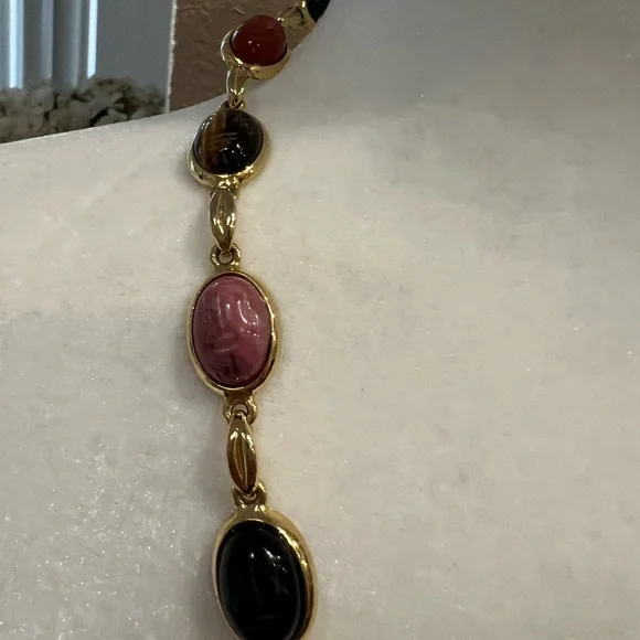 Egyptian Revival Vintage Multicolor Stone Scarab Necklace - Picture 3 of 7